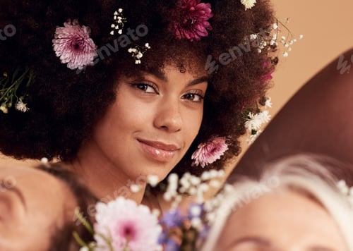Preview: Black woman, flowers and smile for beauty portrait in studio for skincare wellness, luxury makeup a