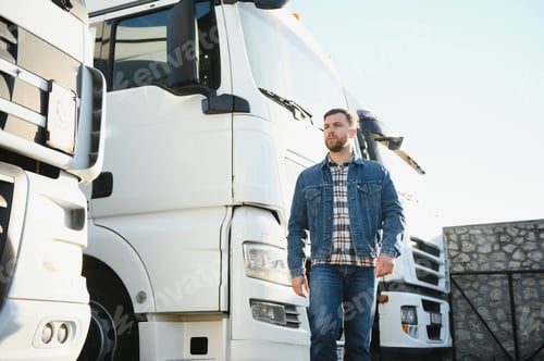 Preview: Portrait of young bearded trucker standing by his truck vehicle. Transportation service.