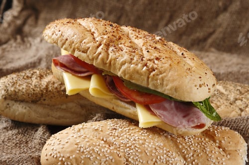 Preview: Delicious Ham and Cheese Sub Sandwich Still Life