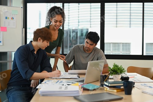 Preview: Creative people brainstorming, discuss business ideas cooperate at office briefing.