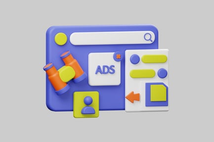 Visualização: Gráfico de pesquisa abstrata com lupa, pasta, seta e binóculos.