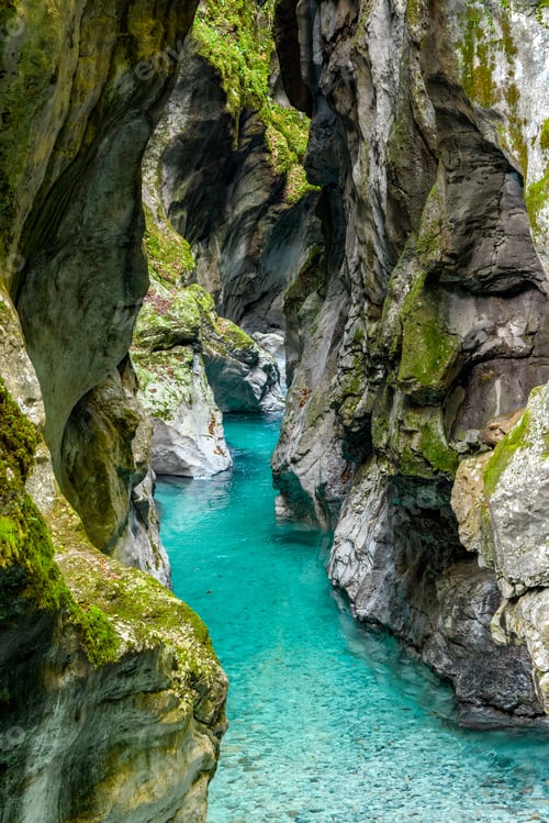 Preview: Turquoise stream flowing through spectacular rocky gorge at Tolmin Gorges in Slovenia