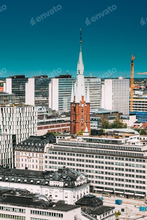 Preview: Stockholm, Sweden. Elevated View Of St. Clara Or Saint Klara Church In Summer Sunny Modern Cityscape