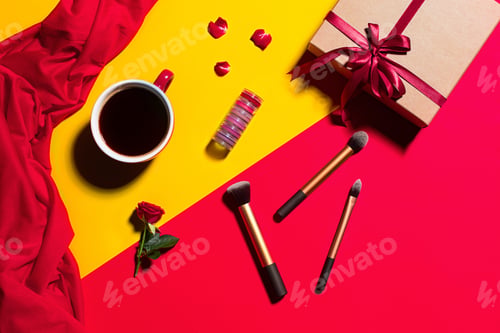 Preview: Still Life Of Fashion Woman, Objects On Yellow Table