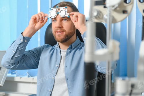 Preview: Handsome young man is checking the eye vision in modern ophthalmology clinic.