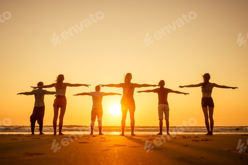 Preview: six health people in stand hatha position with hand up raced