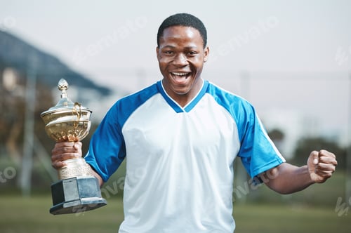 Preview: Sports, soccer player and man celebrate trophy for competition or game outdoor. Portrait of black m