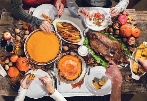Preview: Family feasting of Thanksgiving day Roasted turkey Top view Eating together Rustic table