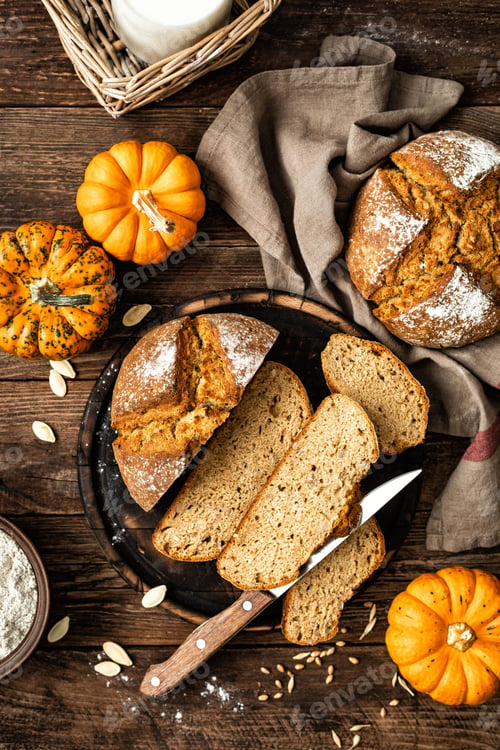Preview: Pumpkin bread. Homemade wholemeal rye yeast-free bread with pumpkins
