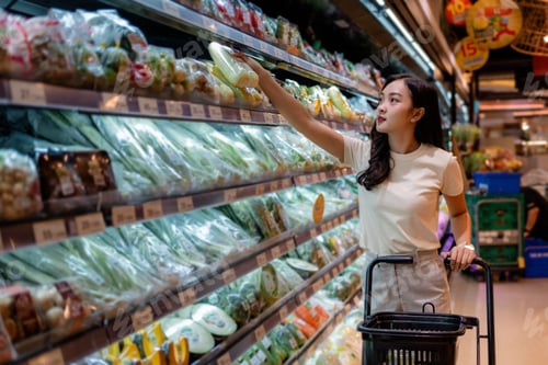 Preview: Young woman choosing fresh vegetables in supermarket refrigerator shelves