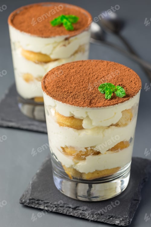 Preview: Traditional italian Tiramisu dessert cake in glass, decorated wi