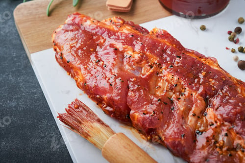 Preview: Pork ribs. Raw meat. Raw pork ribs in marinade with spices, rosemary, tomato sauce and garlic on whi