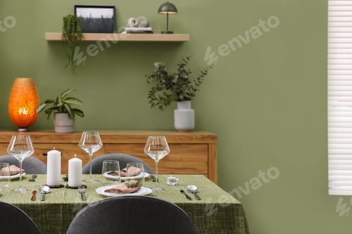 Preview: Stylish table setting with olive tablecloth, glasses and candles in dining room