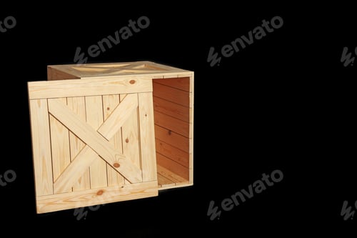 Preview: Wooden crate on black background. Space for text