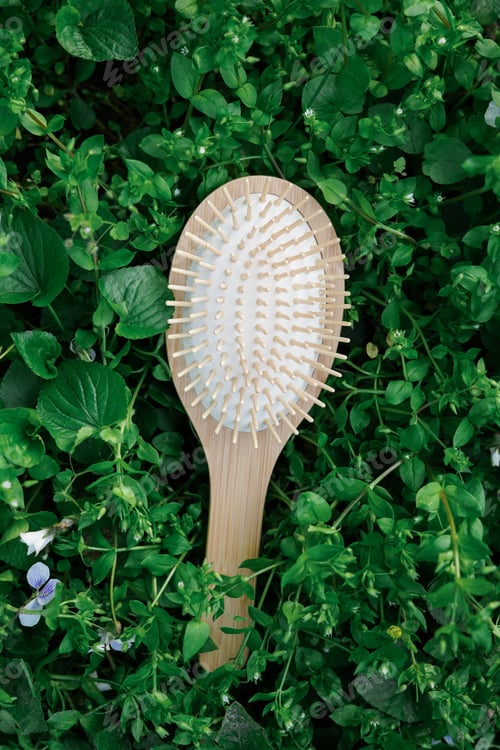 Preview: Wooden hairbrush on green nature leaves background, natural hair care products