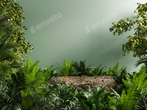 Preview: Stone platform pedestal in tropical forest for product presentation and green forest