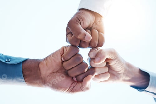 Preview: Fist bump, group support and team success in meeting at work, celebration of corporate win and team