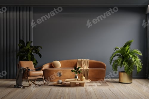 Preview: Dark room with leather sofa and leather armchair on empty dark blue wall background