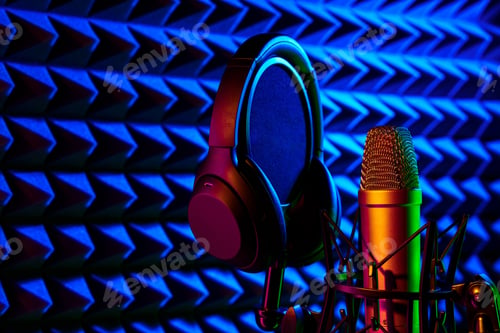 Preview: Professional microphone in a recording studio in blue light