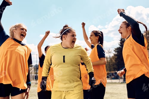 Preview: Soccer goalkeeper and her teammates celebrating victory at the stadium.