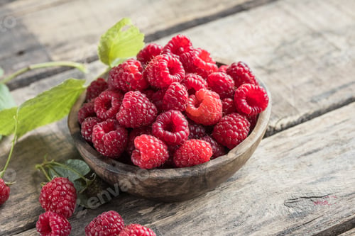 Preview: Appetizing juicy ripe raspberries in a bowl surrounded by green raspberry leaves