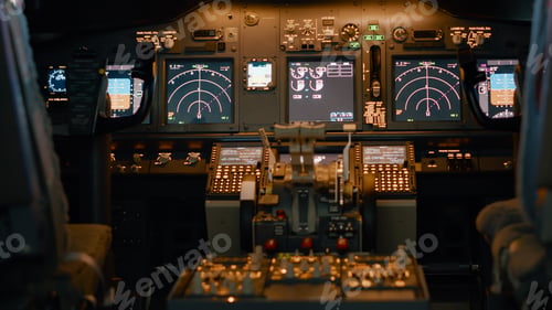 Preview: Nobody in empty aviation plane with dashboard control panel
