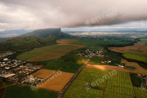 Vista previa: Bird's eye view of beautiful fields Islands of Mauritius and mountains