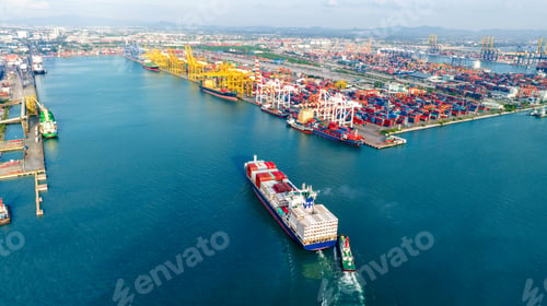 Preview: Tub Boat with Stern of cargo ship carrying container and running for import goods from cargo yard