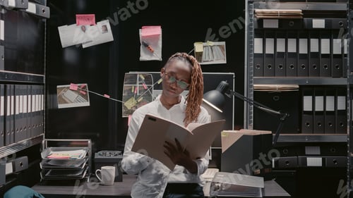 Preview: Police officer reading criminal records files in office