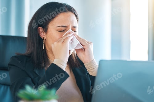 Preview: Tissue, sneeze and blowing nose with a business woman in her office for sick leave from a corporate