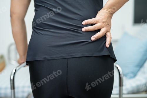 Preview: Asian lady patient pain her back, waist and orthopedic lumbar with walker.