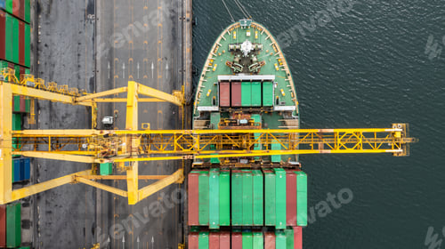 Preview: Aerial top view container ship at industrial port with crane port, Global business logistic import.