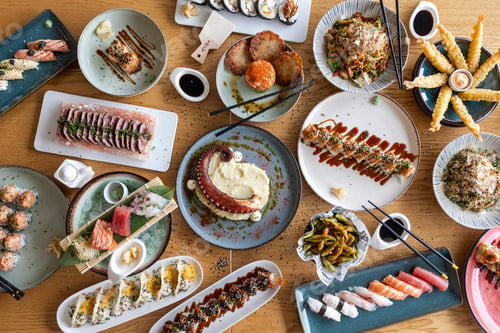 Preview: Japanese and asian food table with sushi variety