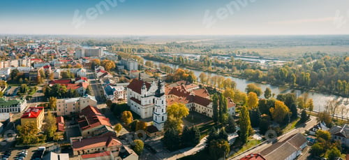 Preview: Pinsk, Brest Region, Belarus. Pinsk Cityscape Skyline In Autumn Morning. Bird's-eye View Of