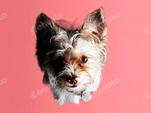Preview: Cute shorkie puppy sitting on pink background in minimalism.