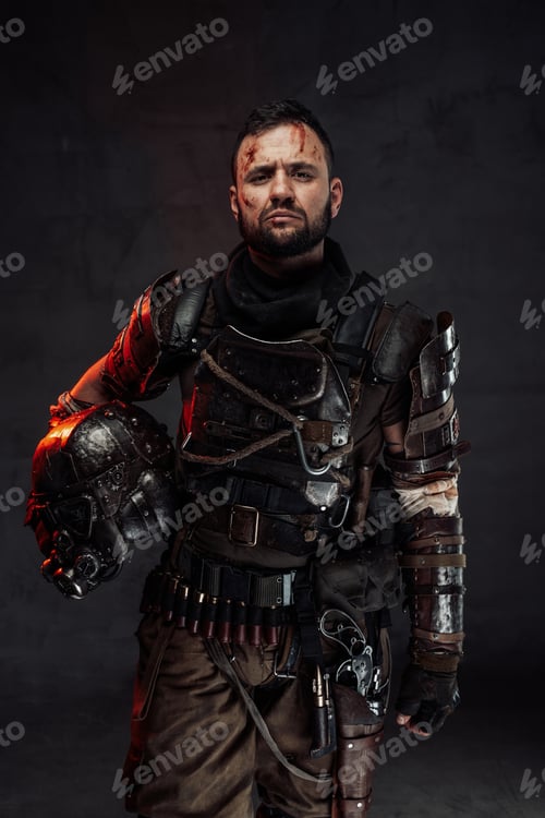 Preview: Apocalyptic survivor posing with helmet in dark background
