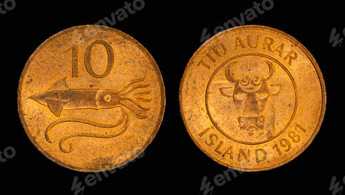 Preview: Iceland ten aurar coin obverse and reverse, closeup
