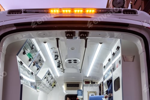 Preview: Equipment for ambulances. View from inside, taken from the rear doors, ready to attend emergencies.
