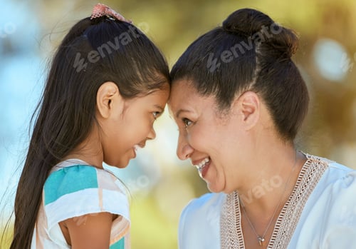 Preview: Asian, grandmother and child with embrace, happy and together in bonding, love or care while outdoo