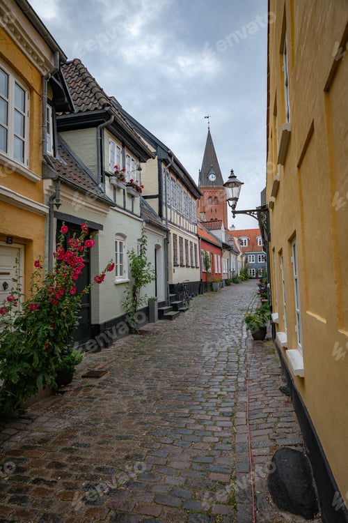 Preview: typical street in aalborg in denmark with colored houses