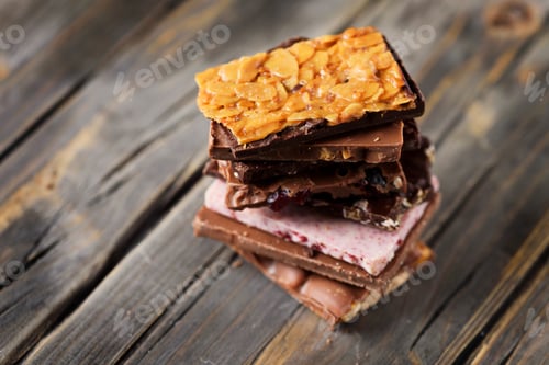 Preview: Mix of sweet swiss choccolate on the wooden table