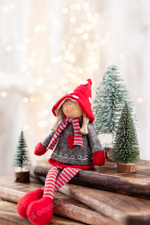 Preview: Christmas tree on bohek wooden, bokeh background.