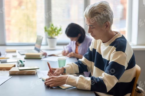 Preview: Side view of young male student in striped pullover making notes in copybook