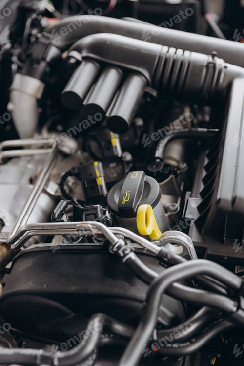 Preview: Close up of a car with open hood under maintenance in auto repair shop