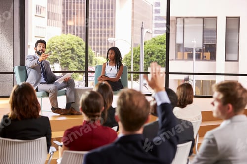 Preview: Male and female seminar speakers take question from audience