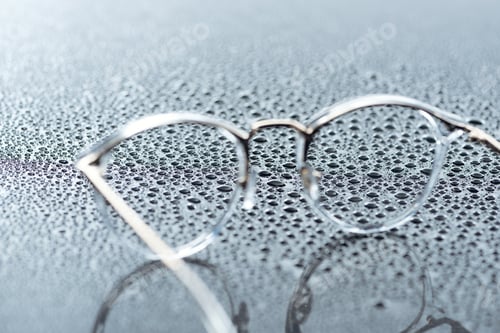 Preview: close up view of eyeglasses and water drops on grey backdrop