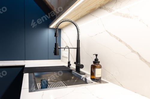 Preview: Modern sink. Black faucet. Marble countertop.