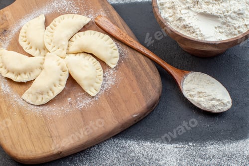 Preview: front view white flour with raw little hotcakes on dark background dough oven cake pie biscuit bake
