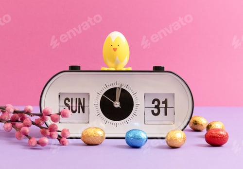 Preview: Alarm clock with time, date, Easter eggs, Easter chick and willow branches.