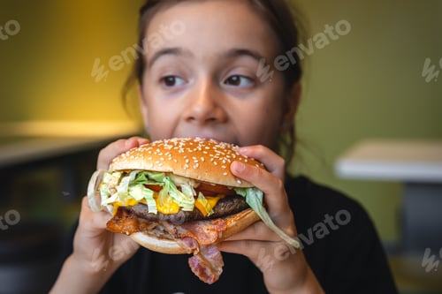 Preview: A little girl eats an appetizing burger, close-up.